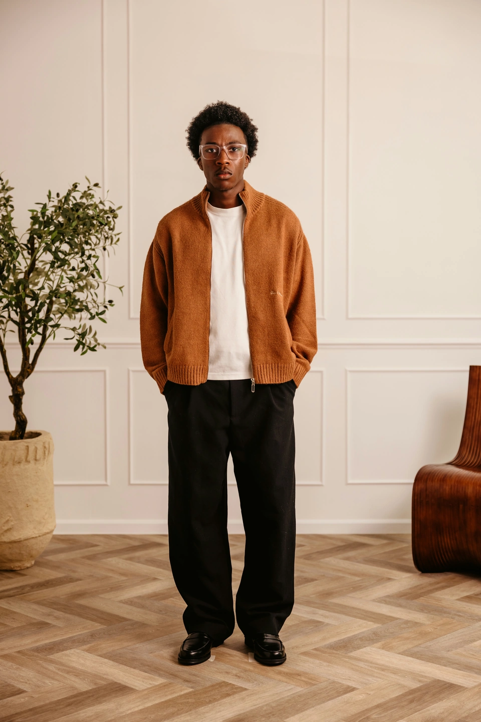 Camel wool-blend zip-up cardigan — male model, full-length front view