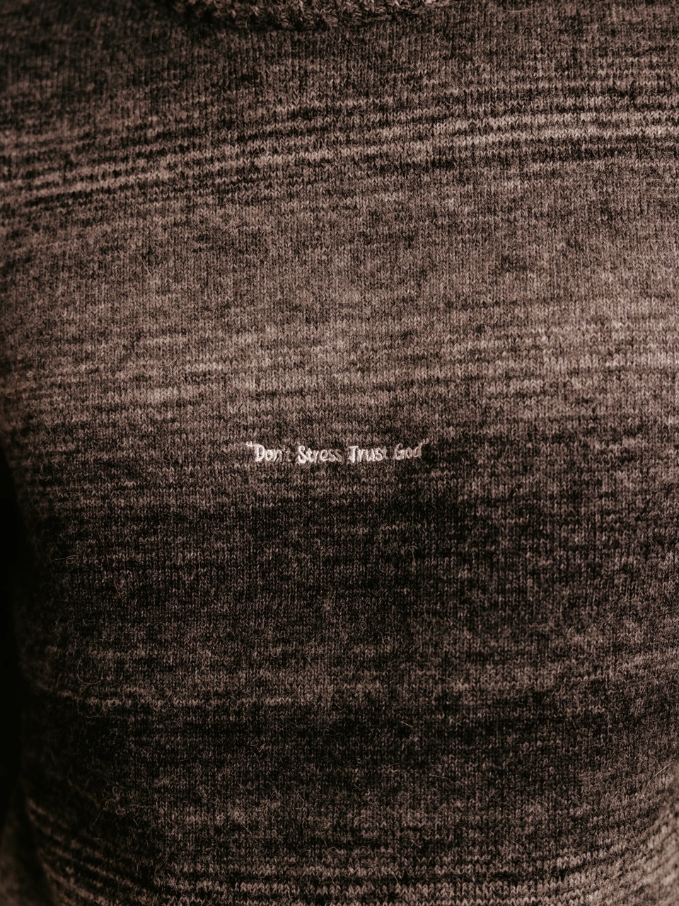 Charcoal Mist alpaca wool gradient knit sweater — embroidered chest slogan and alpaca texture detail