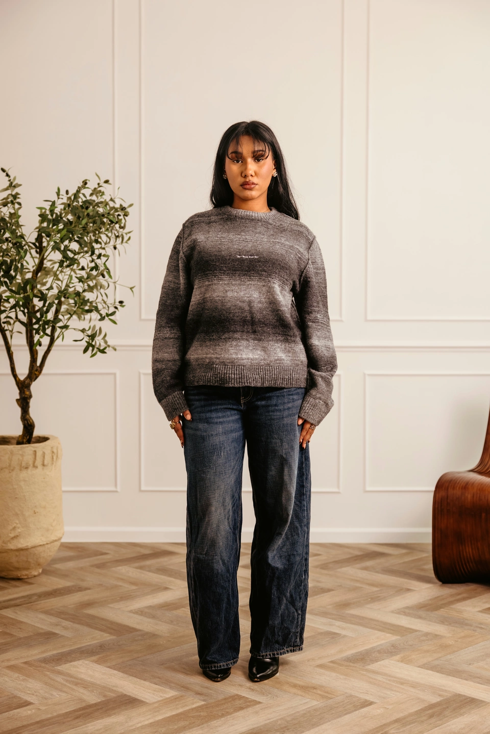 Charcoal Mist alpaca wool gradient knit sweater — female model, full-length front view