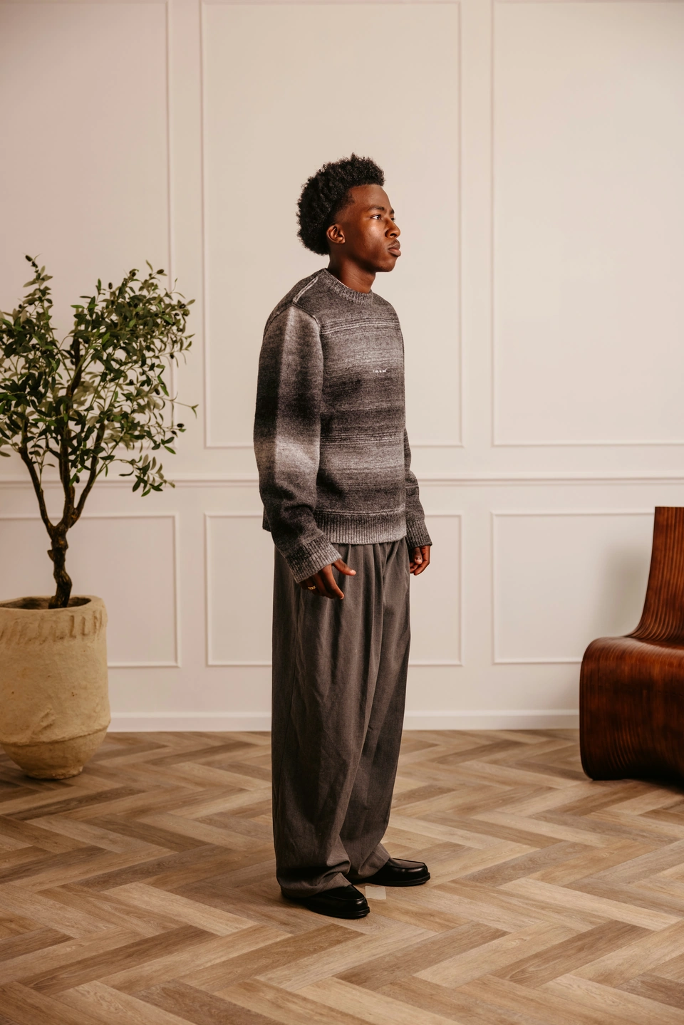 Charcoal Mist alpaca wool gradient knit sweater — male model, full-length side view