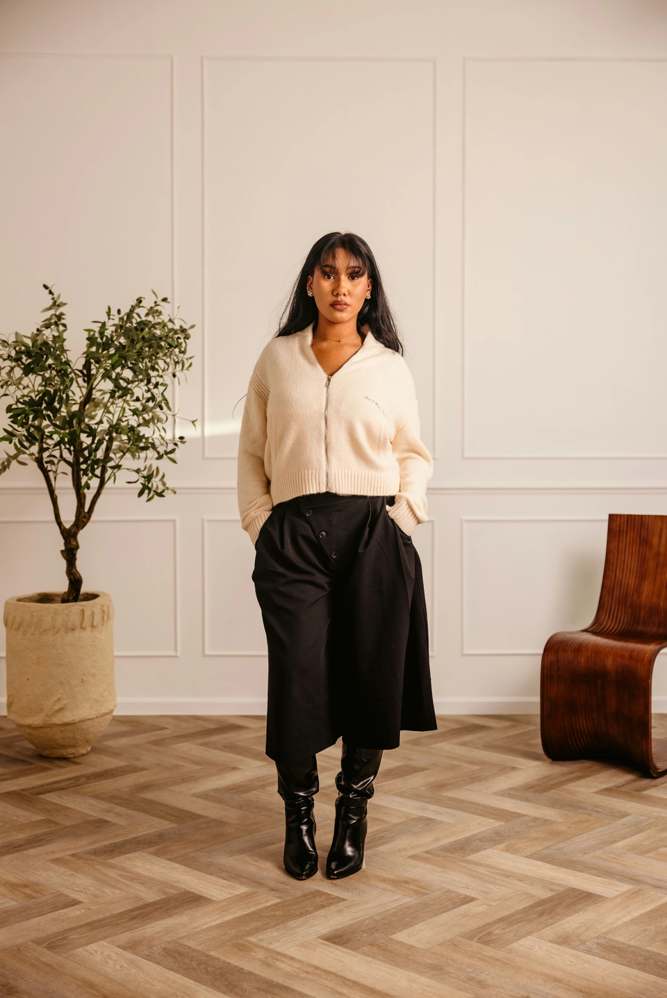 Ivory wool-blend zip-up cardigan — female model, full-length front view