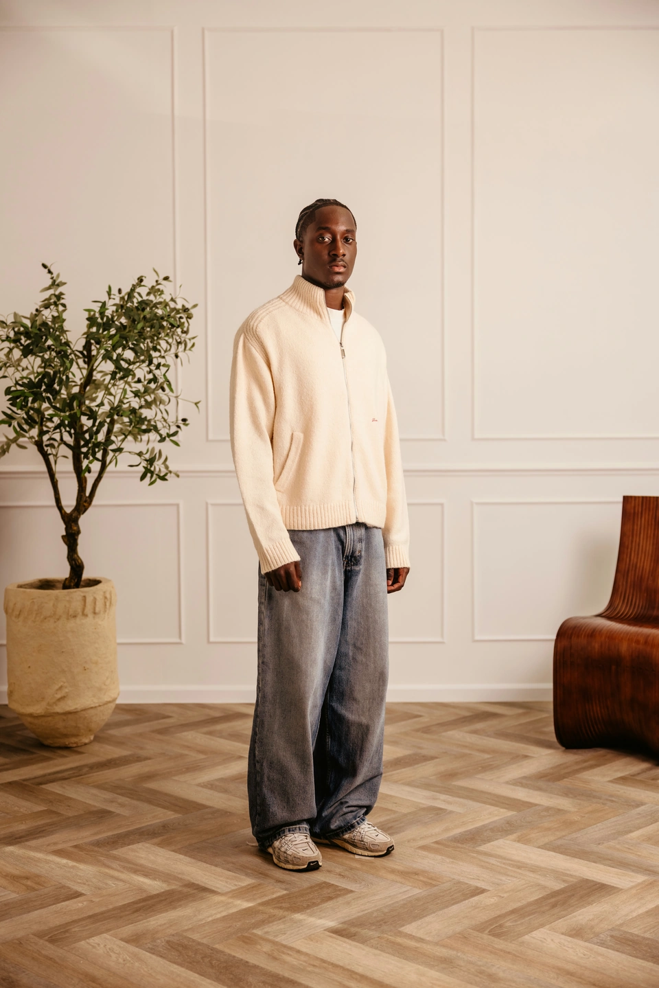 Ivory wool-blend zip-up cardigan — male model, full-length front view