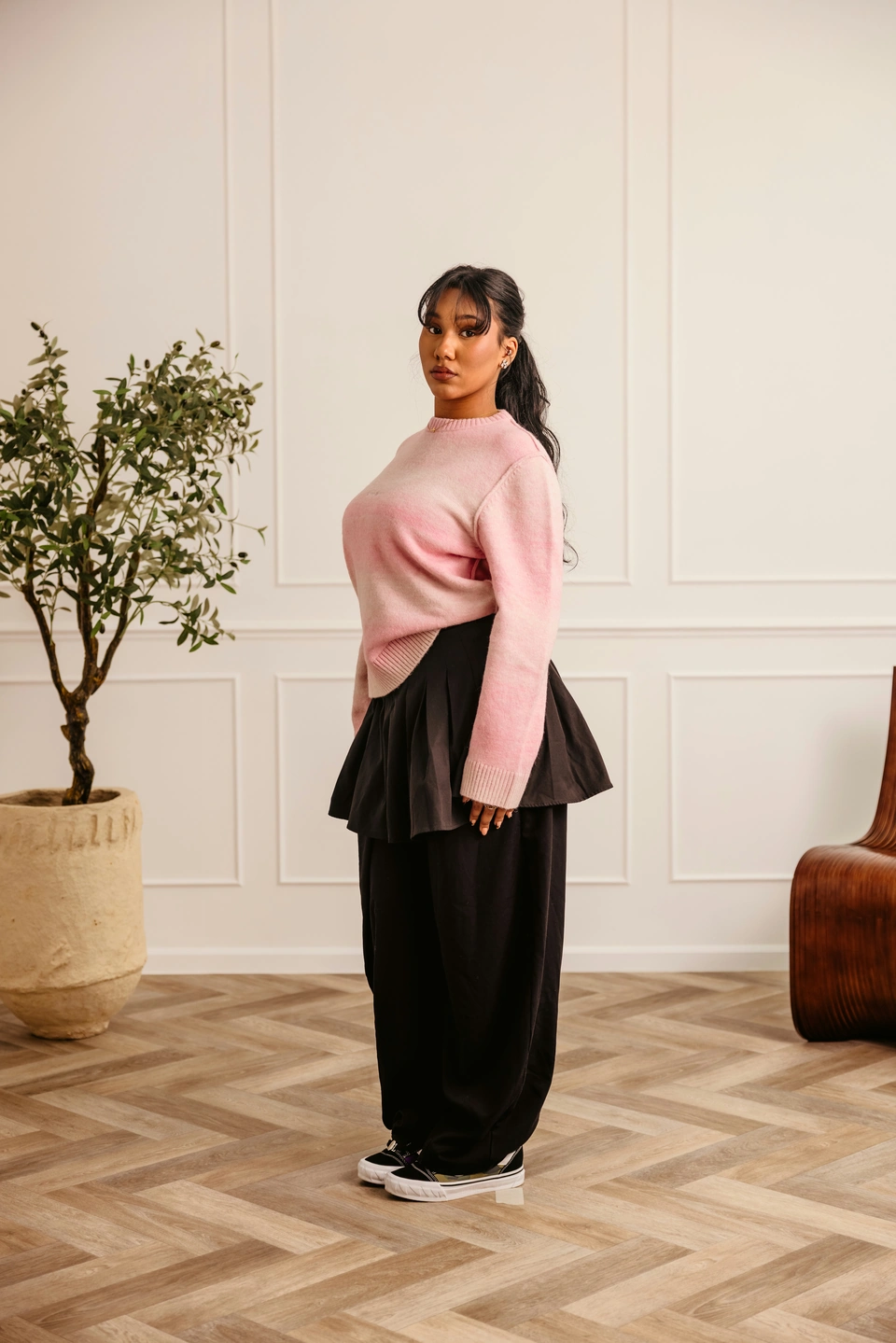 Soft Dawn Pink alpaca wool gradient knit sweater — female model, full-length side view