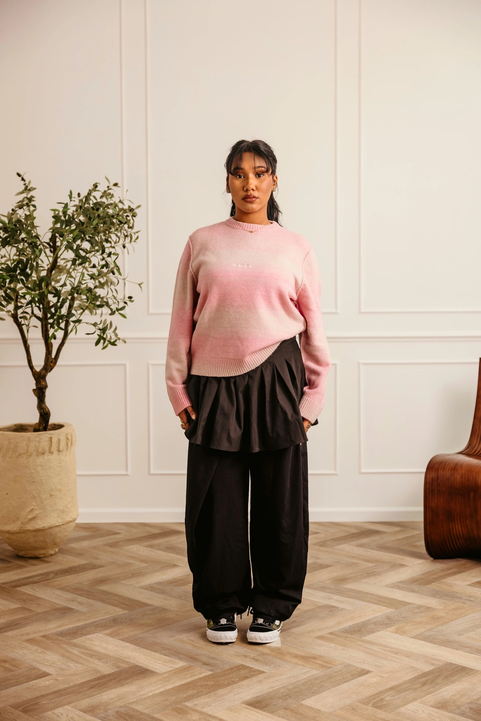 Soft Dawn Pink alpaca wool gradient knit sweater — male model, full-length front view