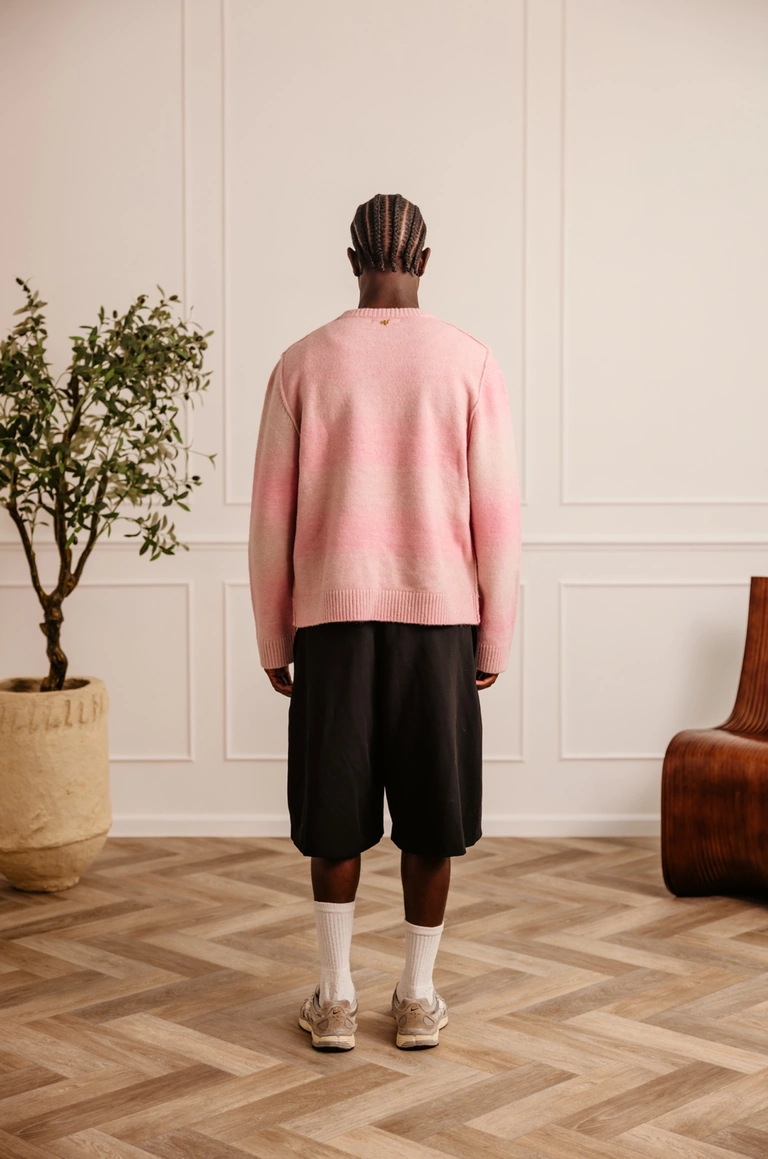 Soft Dawn Pink alpaca wool gradient knit sweater — male model, straight full-length back view